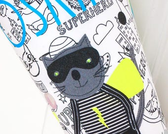 School cone for boys with supercat, candy cone, first day of school, personalized school cone with cat, gift for starting school, first day of school, boy, first day of school