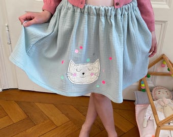 Gonna in mussola per bambine con applicazione a forma di gatto color menta, perfetta come regalo per Pasqua, ritorno a scuola, compleanno, gonna estiva per primavera o estate, motivo a gatto