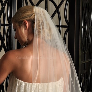 May include: A white bridal veil with a single row of pearls along the edge. The veil is made of soft tulle and is worn over a white lace dress.