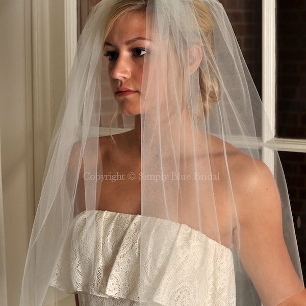 Full Elbow Length Bridal Veil with Raw Cut Edge - White, Diamond White, Light Ivory, Ivory, Champagne, Blush