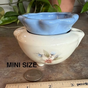 May include: A two-piece ceramic set with a light blue top and a cream-colored base. The base features a floral design with pink and blue flowers. The text "MINI SIZE" is visible. A ruler shows the size in inches.