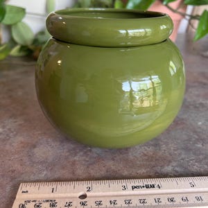 May include: A round, green ceramic jar with a matching lid. The jar is approximately 4 inches in diameter. The glossy finish reflects light, and the jar is set against a background of green plants.