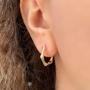 14k Solid Gold Bamboo Hoop Earrings: Dainty Handmade Jewelry