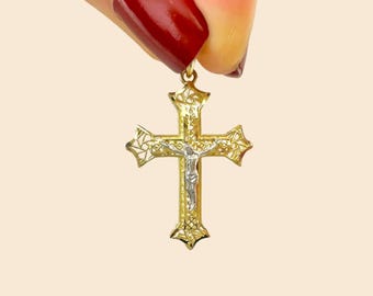 Colgante de cruz de oro macizo de 14 k: delicado collar con dije de Jesús