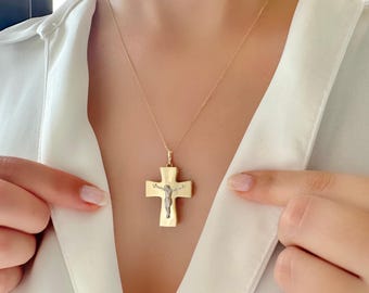 14K Solid Gold Cross Necklace: Handmade Christian Religious Pendant