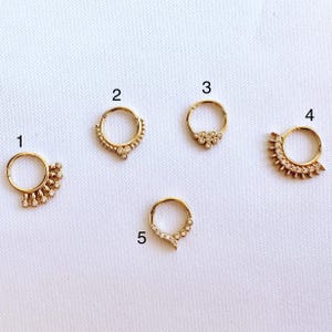 14k Solid Gold Hoop Piercing, Modern Zircon Stone Daith Ear Nose Piercing, Septum Hinge Hoop Earring, Gift for Her and Him