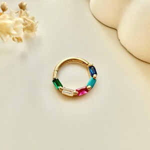 14K Gold Colourful Stone Helix Daith Piercing, Dainty Cartilage Hinged Piercing, Ear Nose Ring Piercing, Huggie Hoop Earring, Birthday Gift