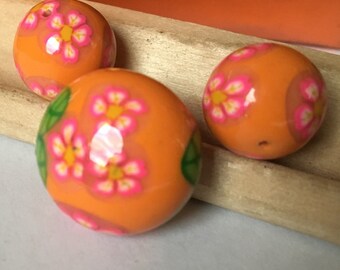 Pink Cherry Blossoms on Orange Polymer Clay Lentil Bead Set