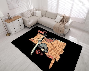 Samurai Cat Area Rug, Japanese Art Pet Rug, Cat Rug, Samurai Rug, Area Rug, Pet Rug, Animals Rug, Japan Rug, Art Rug, Popular Rug, Home Rug