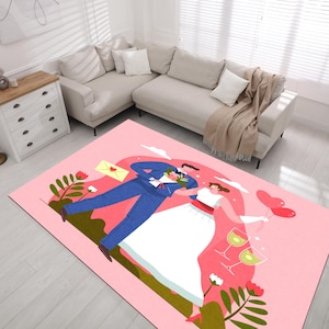 Valentine&#39;s Day Rug: Romantic Couple Design, Non-Slip Base