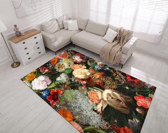 Floral Area Rug: Gothic Damask, Non-Slip, Machine Washable