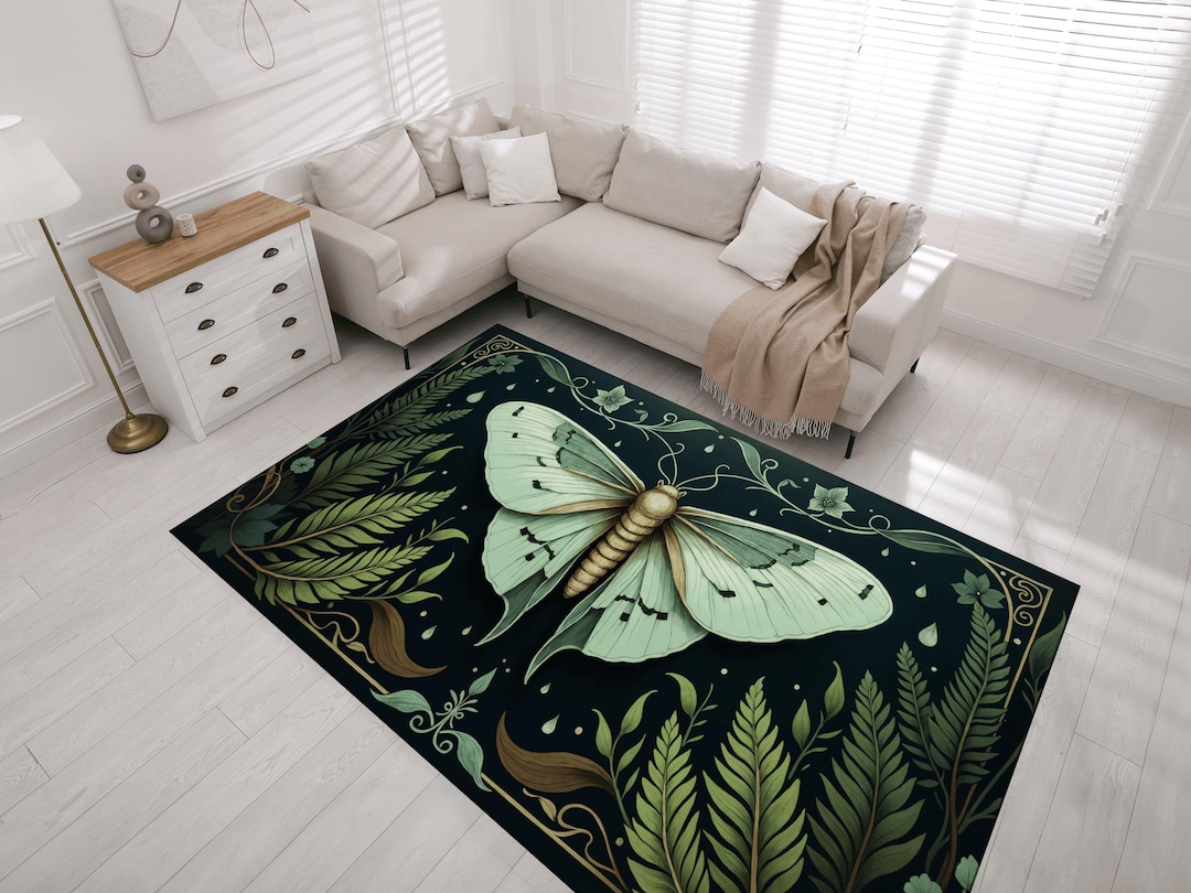Modern Black Insect Rug Butterfly Rug, Moth Rug, Dark Botanical Area Rug, Luna Moth Carpet ...