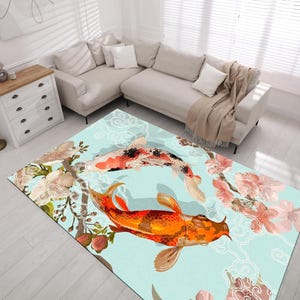 Japanese Koi Fish Rug: Sakura Floral Pattern Home Decor