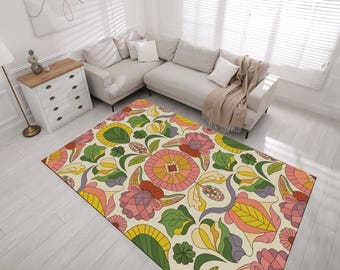 Tapis floral rétro, tapis à motif des années 70, tapis à fleurs groovy, tapis à fleurs bohème, tapis psychédélique, tapis Flower Power, tapis de style années 60, tapis bohème