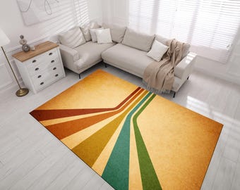 May include: A vintage-style area rug with a geometric design of colorful stripes converging in the center. The rug has a light brown background with stripes of orange, red, yellow, green, and blue.