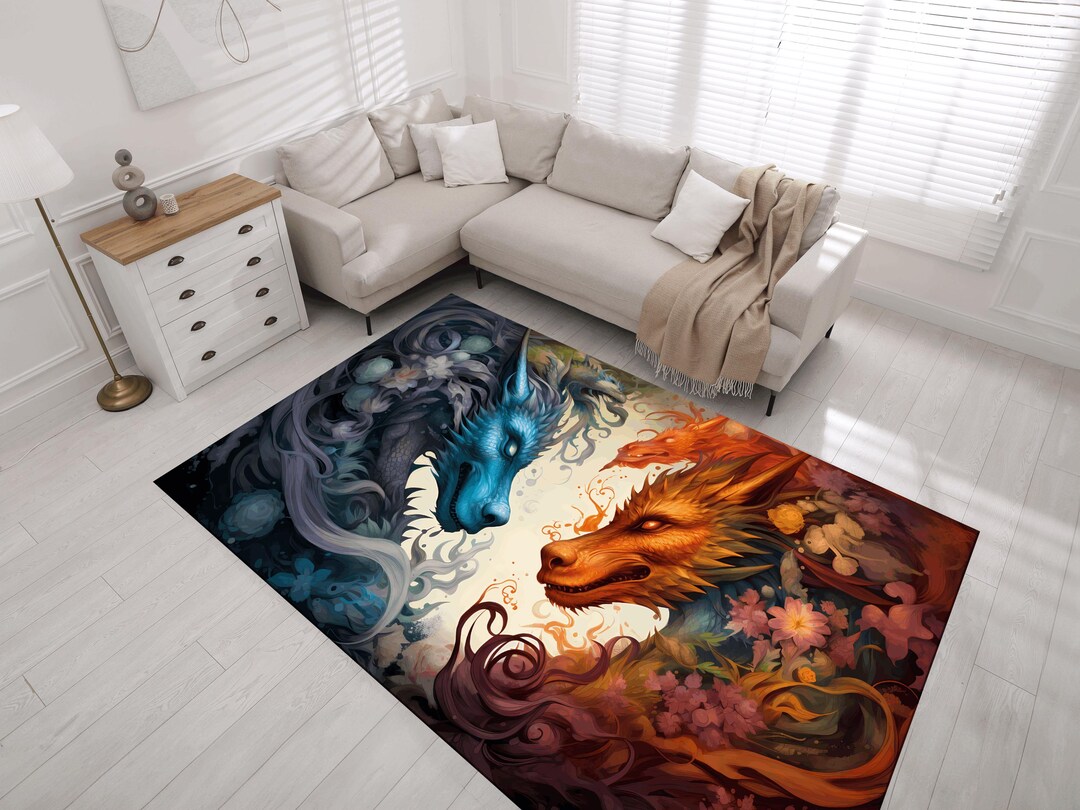 Dragor Rug Fantasy Dragon Rug, Fire and Ice Dragons Carpet, Yin Yang Duality Art ...