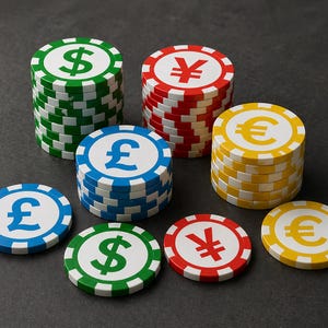 Può includere: Pile di fiches da poker verdi, rosse, gialle e blu, ciascuna con un simbolo di valuta diverso: dollaro, yen, euro e sterlina. Le fiches sono disposte su una superficie grigio scuro.