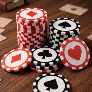 Op de afbeelding: Pokerchips in rood, zwart en wit, met ruit-, schoppen-, klaver- en hartsymbolen. Stapels chips en individuele chips zijn gerangschikt op een houten oppervlak, wat wijst op een pokerspel.