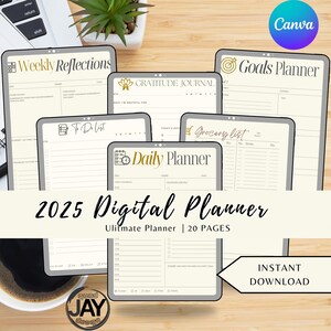 Puede incluir: Un planificador digital de 20 páginas, que incluye una variedad de plantillas para reflexiones semanales, diario de gratitud, establecimiento de objetivos, listas de tareas, listas de compras y planificación diaria. El planificador está diseñado en un estilo minimalista con un fondo beige y detalles dorados.