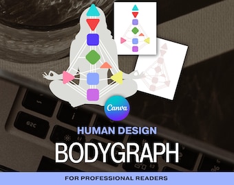 Op de afbeelding: Een grafisch ontwerp met een silhouet van een menselijk lichaam met kleurrijke geometrische vormen en lijnen, getiteld "Human Design Bodygraph" met het Canva-logo. Er zijn ook extra diagrammen aanwezig.