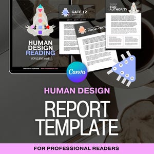May include: A Human Design report template with a white background and a black border. The template includes a graphic of a person meditating, charts, and the text "Human Design Reading" and "Report Template". The Canva logo is also visible.
