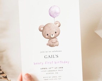 Faire-part pour le premier anniversaire d'un ours en peluche rose, modèle modifiable sur toile (téléchargement numérique)