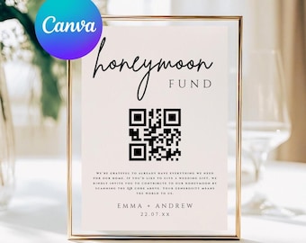 Modern Honeymoon Fund QR Code Sign, Editable Wedding Gift (Canva Template)