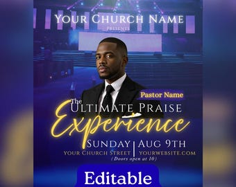 Flyer editável para experiência de louvor | Modelo de evento para igreja Canva | Flyer para noite de adoração e concerto gospel