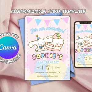Kawaii Cinnamo-roll bearbeitbare Einladungsvorlage Benutzerdefinierte Geburtstagsfeierkarte Canva Printable Sofortiger Download Kinder Digitale Partyeinladung
