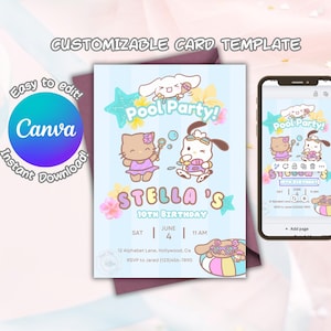 Modèle d'invitation modifiable Kawaii Sanri-o Pool Party, rouleau de cannelle Hell-o Kitty Pochacc-o, carte d'anniversaire personnalisée, impression sur toile, téléchargement immédiat