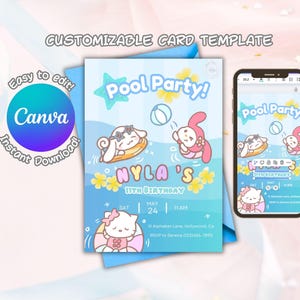 Modèle d'invitation modifiable Pool Party mignon rouleau de cannelle Hello Kitten mélodie carte d'anniversaire personnalisée toile imprimable téléchargement immédiat enfants Kawaii
