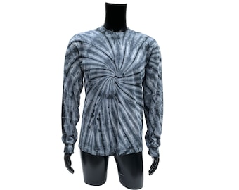 Men's Long Sleeve Cotton Tie Dye Shirt - Black & Grey Hand Dyed Unisex Clothing - Made in Canada