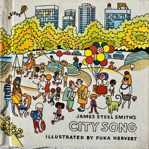 Puede incluir: Ilustración de portada de libro vintage titulada "City Song" de James Steel Smith, ilustrada por Fuka Hervert. La obra de arte representa una escena de parque con personas, árboles, edificios y globos en un estilo retro colorido. Una cometa vuela en el cielo.