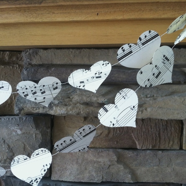 upcycled vintage music sheets heart garland; vintage music heart bunting; holiday music garland