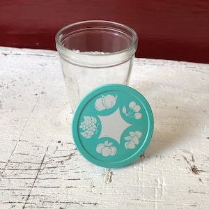 vintage jelly jar with aqua colored lid; retro kitchen jelly jar