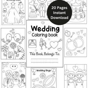 May include: A black and white coloring book with 20 pages of wedding-themed illustrations. The cover features the text "Wedding Coloring Book" and a heart with an arrow.