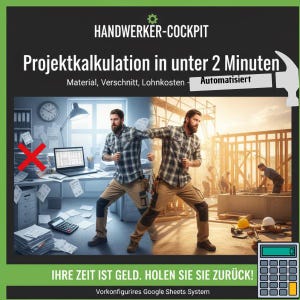 May include: Promotional image for a Google Sheets system. The image shows a split scene: one side a messy office with a laptop, the other a construction site. Text includes "HANDWERKER-COCKPIT" and "Projektkalkulation in unter 2 Minuten."