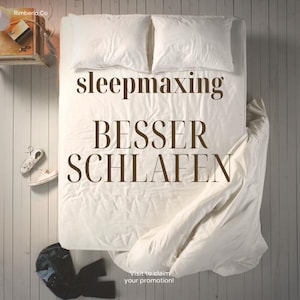 May include: Overhead view of a bed with white bedding, including two pillows and a duvet. The words "sleepmaxing" and "BESSER SCHLAFEN" are printed on the bed. A pair of sneakers and a pair of jeans are on the floor.