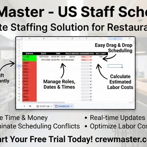Könnte beinhalten: Werbung für CrewMaster, einen US-Mitarbeiterplaner für Restaurants und Bars. Das Bild zeigt eine digitale Tabelle mit Funktionen wie einfachem Drag & Drop-Scheduling, Verwalten von Rollen und Daten sowie Berechnung der Arbeitskosten. Text enthält "Zeit & Geld sparen".
