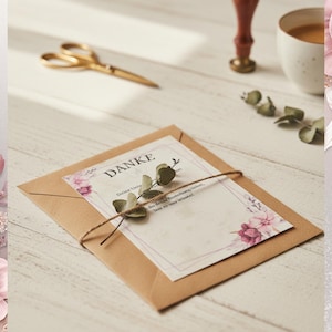 Può includere: Una busta di carta kraft con una carta floreale legata con spago, con la parola tedesca "Danke". Forbici dorate e una tazza di caffè sono nelle vicinanze. La carta ha accenti floreali rosa e un rametto di verde.