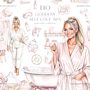 Gudinna Självkärlek Spa Akvarell Clipart Set, Feminint Wellness & Avslappning Illustration Bundle