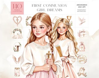 First Communion Girl Clipart Kit, Christian Watercolor Holy Communion Set