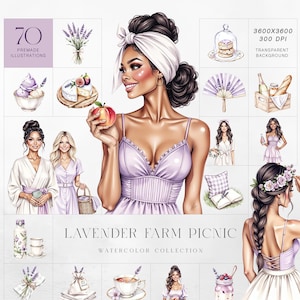 Ensemble de cliparts pique-nique à la ferme de lavande, aquarelles de filles de la campagne, mode douce, nourriture, fleurs sauvages, thé et indispensables de l'été, usage commercial