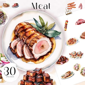 Aquarell Fleisch Clipart Set, Grillen und Steak PNG, handgemalte Fleisch Illustration, gegrillte Rippen Wurstbraten digitaler Download, Butcher Art