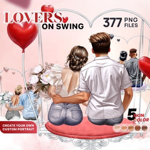 Liebhaber auf Schaukel Valentinstag Clipart Bundle, Benutzerdefinierter Porträt Ersteller, Romantische PNG-Dateien, 377 digitale Grafiken