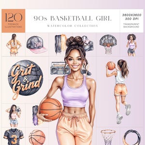 90er Jahre Basketball Mädchen Aquarell Clipart Bundle, Sportliche Mode PNG Set, Retro Spieltag Illustrationen, kommerzielle Nutzung