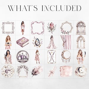 Puede incluir: Una cuadr&iacute;cula de ilustraciones en acuarela con varios elementos como marcos, cristales, mujeres, libros y arcos. La paleta de colores incluye tonos de rosa, morado y blanco, con el texto "WHAT'S INCLUDED" en la parte superior.