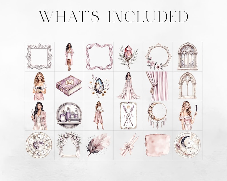 Puede incluir: Una cuadr&iacute;cula de ilustraciones en acuarela con varios elementos como marcos, cristales, mujeres, libros y arcos. La paleta de colores incluye tonos de rosa, morado y blanco, con el texto "WHAT'S INCLUDED" en la parte superior.