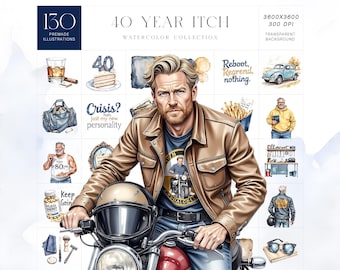 Funny 40th Birthday Clipart Kit, Midlife Crisis Man Set