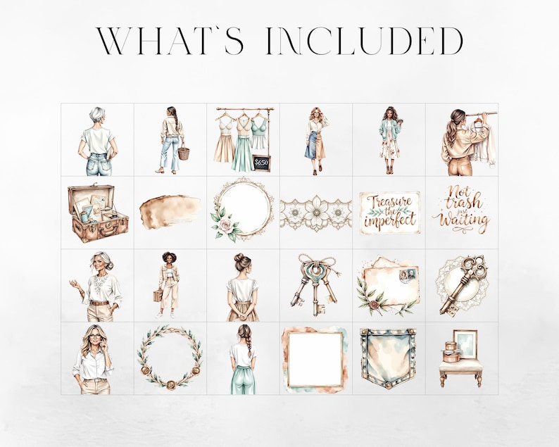 May include: A collection of watercolor illustrations featuring fashion-themed elements. The image includes depictions of women, clothing, accessories, and decorative elements. Text at the top reads "WHAT'S INCLUDED".